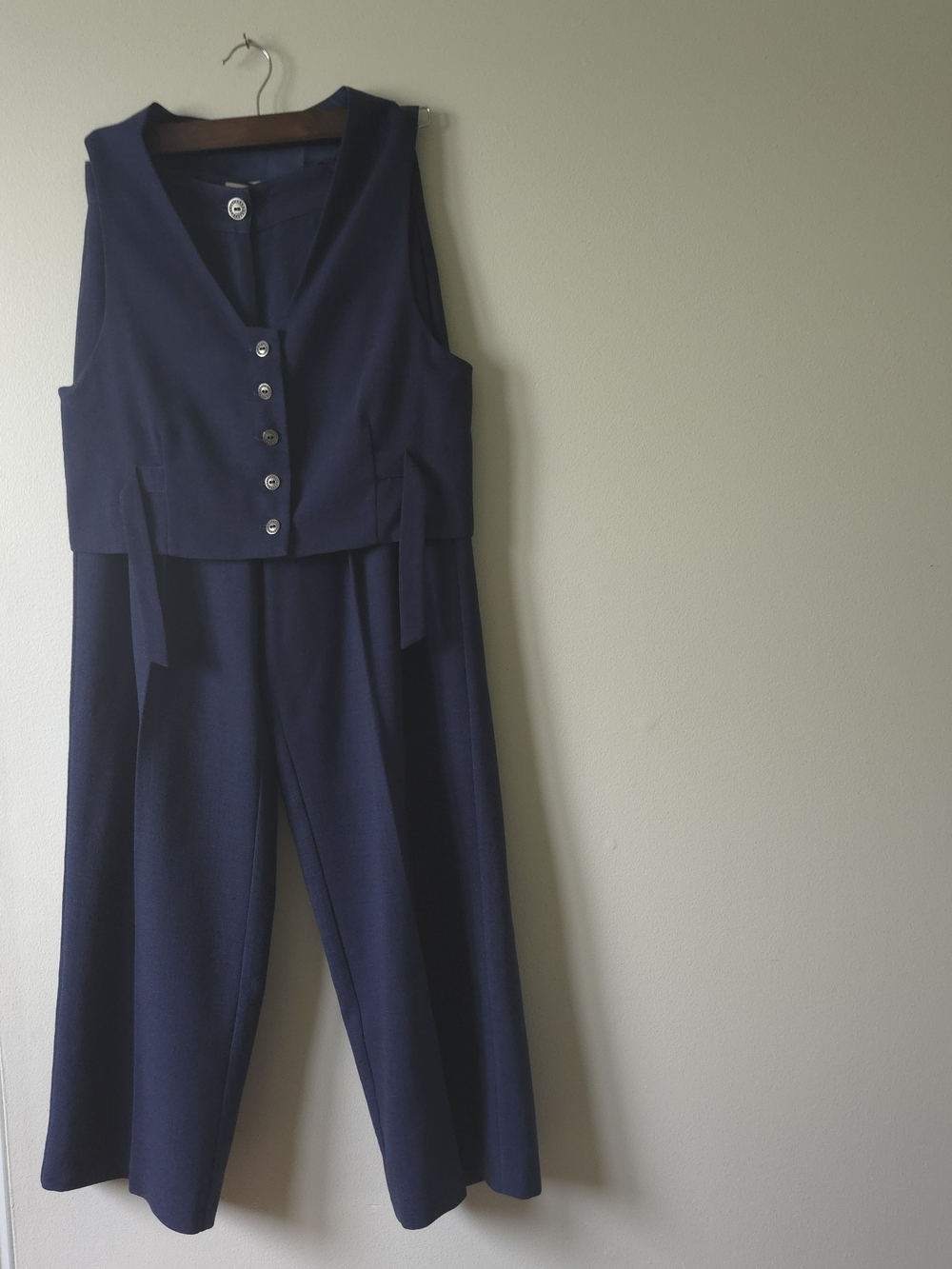 Vintage 90s Wool Suit Set Navy Cropped Vest & High-Waist Wide Leg Pants Size 2/3
